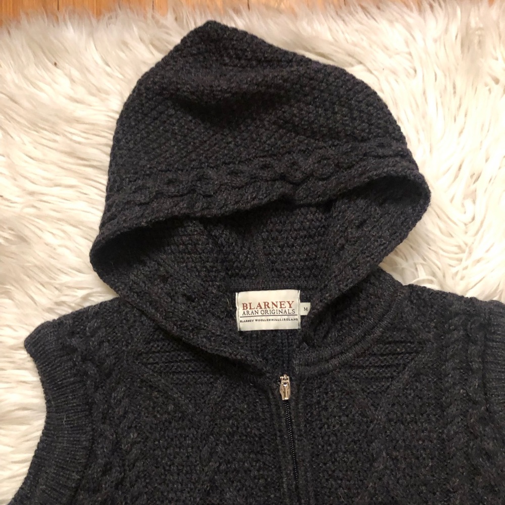Blarney Woollen Mills Ireland Merino Black Hooded Zip Up Knit Sweater Vest M - Picture 3 of 12